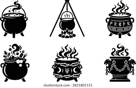 Collection of six distinct halloween cauldron silhouettes filled with bubbling magical concoctions and occult symbols. Ideal for thematic design elements.