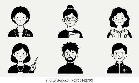 A collection of six distinct hand-drawn avatar icons representing a variety of individuals, presented in a simple black and white style.