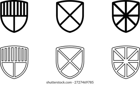 Coleção de seis símbolos de escudo heráldicos distintos com desenhos gráficos e contornos em negrito contra um pano de fundo limpo