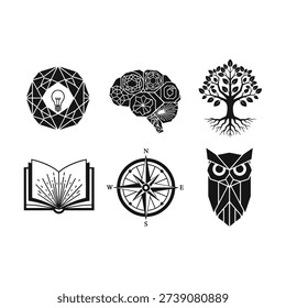 A collection of six distinct icons, each symbolizing different aspects of knowledge, wisdom, and learning.