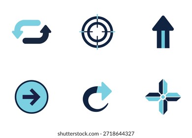Colección de seis íconos distintos con varias Formas de flecha, una mira de objetivo y una cruz direccional de cuatro vías, renderizada en contrastes de azul oscuro y tonos cian claros para el uso de la interfaz digital.