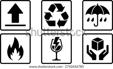 Collection of six distinct icons representing various symbols and actions