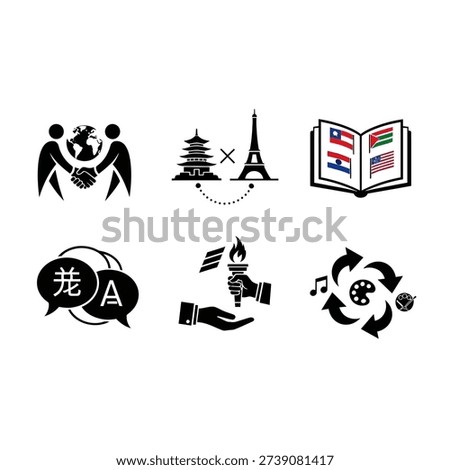 A collection of six distinct icons symbolizing international relations, cultural exchange, language, and creativity.
