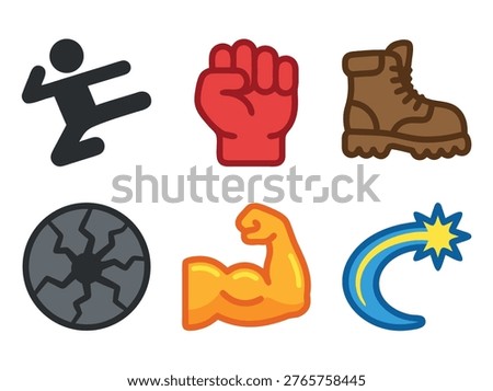 A collection of six distinct icons symbolizing strength, power, and physical activity.