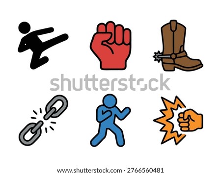A collection of six distinct icons symbolizing action, strength, combat, and resilience.