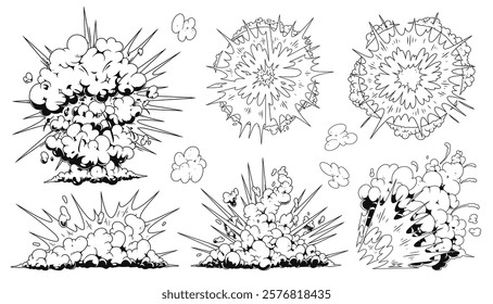 A collection of six distinct illustrations showcasing explosions with varying shapes and sizes. Each design features clouds of smoke and debris emphasizing intensity and movement.