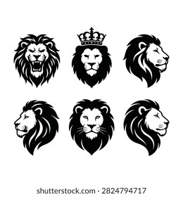 A collection of six distinct lion head icons in black and white. Features regal crowns, roaring expressions, and profile views symbolizing power, courage, and pride.