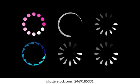 A collection of six distinct loading and progress indicators on a black background. The set includes various designs such as dotted circles, semi-circles, and abstract shapes in different colors