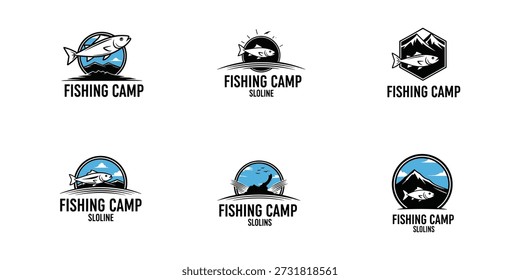 A collection of six distinct logo designs for "Fishing Camp," each featuring a stylized fish, water, and natural elements like mountains or the sun, rendered in a clean, graphic style