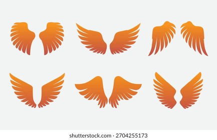 Eine Sammlung von sechs verschiedenen Paaren von orangefarbenen und gelben Farbverlauf-Flügeln, präsentiert als grafische Design-Elemente, ideal für Embleme, Symbole oder dekorative Zwecke auf einem sauberen weißen Hintergrund.