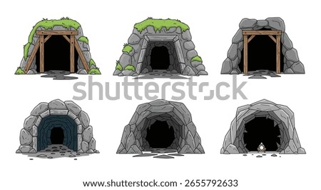Collection of six distinct pixel art mine entrances for game development assets