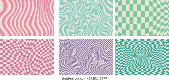 Sammlung von sechs verschiedenen Retro-inspirierten nahtlosen Muster-Hintergründe mit groovigen optischen Illusionen mit gewellten Streifen wirbelnden Formen und verzogenen Schachbrettgittern in lebendigen, aber stumpfen Farbpaletten einschließlich rosa Teal und Lila für Grafik-Design-Projekte gerendert.