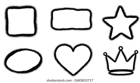 Una colección de seis Formas distintas, incluyendo un cuadrado, rectángulo, óvalo, estrella, corazón, y corona, todo renderizado con un negro spray paint o graffiti-como contorno en un fondo blanco.