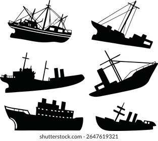 Collection of Six Distinct Shipwreck Silhouettes: Various Sunken Vessel Outlines - Black and White Nautical Design Elements - Ocean Disaster