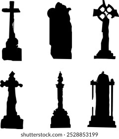 A collection of six distinct silhouettes of broken gravestones and memorials for Halloween decoration, various designs including crosses and ornate structures, symbolizing remembrance and history.