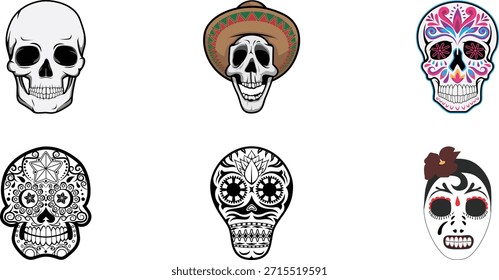 Coleção de seis gráficos de crânio distintos mostra variações do icônico calavera mexicano, incluindo um crânio anatômico simples um vestindo um sombrero um crânio de açúcar colorido vibrante intrincado preto