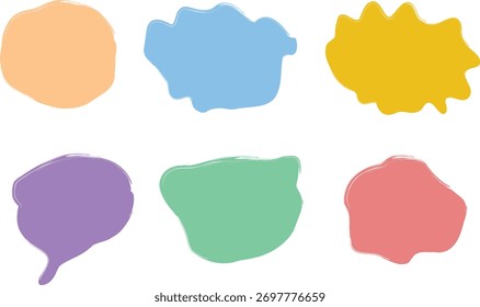 A collection of six distinct, soft-colored abstract shapes with organic, fluid edges, presented against a plain white backdrop, resembling paint splatters.