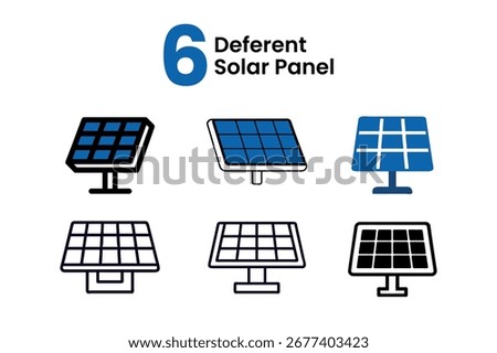 A collection of six distinct solar panel vector illustrations. These scalable EPS graphics represent various solar energy technologies ideal for web and print applications.