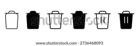 A collection of six distinct trash can and delete bin icons in both outline and solid black styles, perfect for web and app interface design needs.