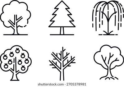 Una colección de seis íconos de árboles distintos representados en un estilo de arte limpio y negro, perfecto para representar varios tipos de flora en proyectos de diseño digital o impreso.
