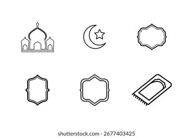 Una colección de seis Ilustraciones vectoriales distintas con motivos islámicos como una mezquita, luna y estrella, marcos decorativos y una alfombra de oración, perfecto para aplicaciones digitales e impresas.
