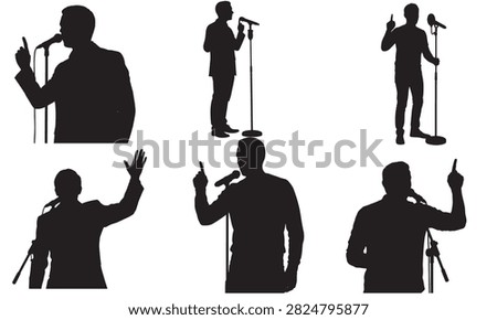 A collection of six distinct vector silhouettes depicting male speakers at microphones, each in various dynamic poses, gesturing with hands and fingers, illustrating diverse styles of public address, performance, or communication on a stage.