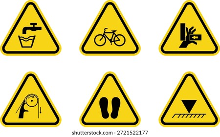 Colección de seis señales triangulares amarillas de advertencia de seguridad con pictogramas negros para posibles peligros como la disponibilidad de agua potable, el tráfico de bicicletas, el peligro de aplastamiento, el riesgo de enredo, la posición de pie requerida y el área de objetos que caen, lo que exige que el espectador tome conciencia y cumpla con los protocolos de seguridad establecidos.