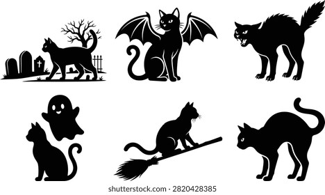 A collection of six diverse black cat silhouettes for Halloween. Features include a cat in a cemetery, with bat wings, angry, with a ghost, and riding a broomstick.