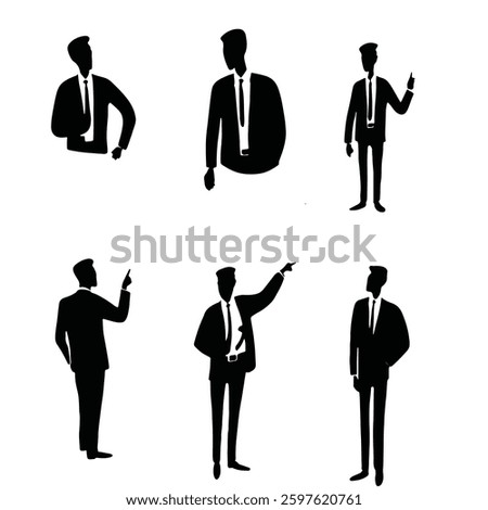 Collection of six diverse black and white silhouettes of businessmen in suits, showcasing different poses and gestures. Ideal for presentations, websites, or design projects.
