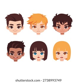 Collection of six diverse character avatar heads showing various emotions flat design vector elements for profile icons or empty state ui screens