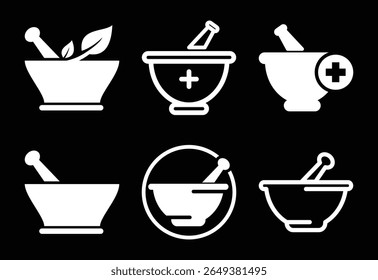 Collection of six diverse mortar and pestle icons representing pharmacy and herbal medicine, white on black background