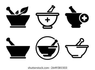 Collection of six diverse mortar and pestle icons representing pharmacy and herbal medicine, black on white background
