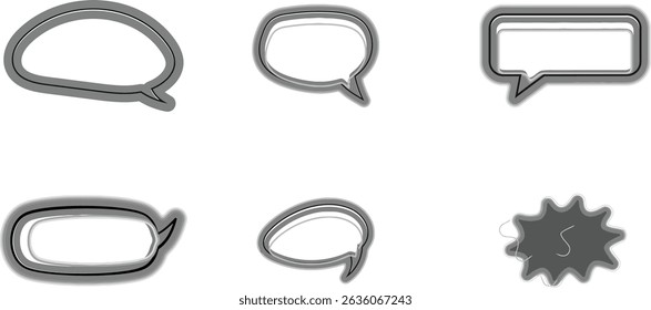A collection of six diverse speech bubbles and one starburst shape, all in grayscale.