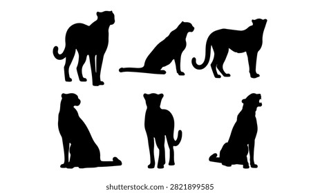 Collection of six dog breed silhouettes showcasing different postures and stances, highlighting diversity in canine appearances and behaviors.