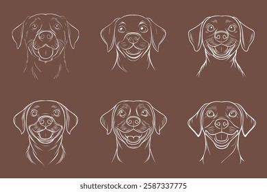 Collection of six dog portraits illustrated in a detailed minimalist line art style. Featuring expressive and joyful Labrador retrievers and dachshunds, each portrait captures warmth and happiness.