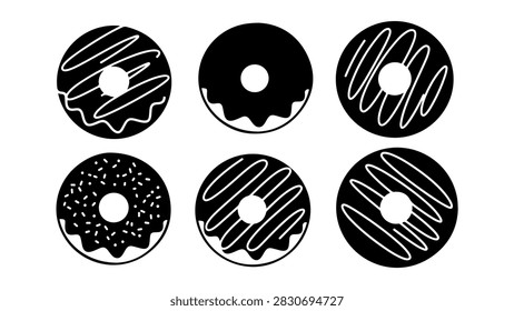 A collection of six donuts featuring different glazes, toppings, and patterns, showcasing a variety of flavors and textures for dessert lovers.
