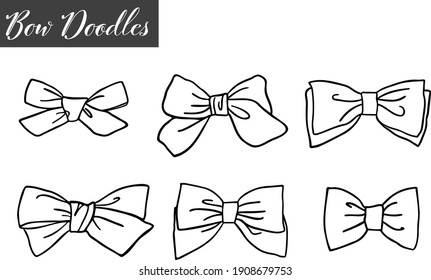 Collection of six doodled bows outline vector graphics without background.