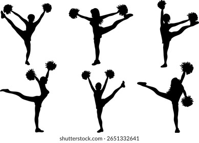 Coleção de seis silhuetas de cheerleaders dinâmicas.