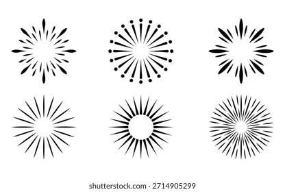 Colección de seis Elementos de diseño dinámicos de arte radial sunburst y starburst line