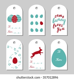 Collection of six Easter gift tags decorated with bunny, eggs, tracks and lettering. Some bunny loves you. 