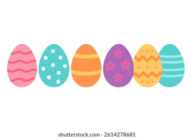 A collection of six eggs, each uniquely painted with various colors and patterns, are positioned in a straight line, presented as a flat vector illustration with an isolated background