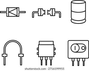 Una colección de seis símbolos de componentes electrónicos, incluyendo un diodo, conectores, un cilindro, un puente de diodo, un microchip y un interruptor, ilustrados en líneas negras simples sobre un fondo blanco.