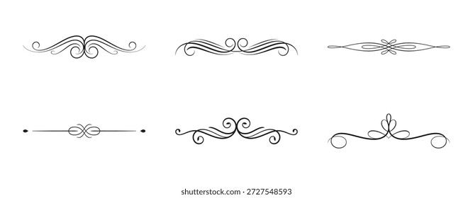 Una colección de seis elegantes divisores caligráficos negros con líneas onduladas y elegantes remolinos, perfectos para invitaciones formales y diseños de páginas.