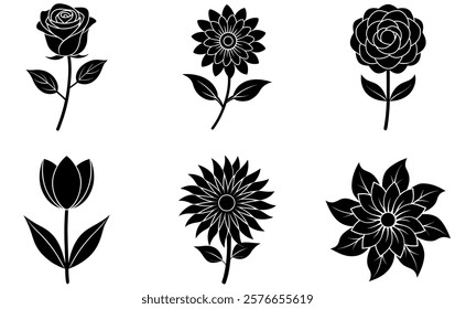 A collection of six elegant black flower silhouette icons featuring a rose, sunflower, tulip, and other floral designs. Perfect for graphic design, print, web, and branding projects