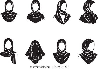 Coleção de seis elegantes ícones de mulheres muçulmanas em preto e branco usando diferentes estilos de hijab. Avatares vetoriais minimalistas para perfis de mídia social, identidade de usuário diversificada e design da web inclusivo.