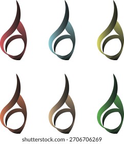 Una colección de seis elegantes logotipos en forma de llama o gotita dispuestos en dos filas. Cada diseño presenta una silueta suave y curva con un bucle interior, que se asemeja a una lágrima o llama.