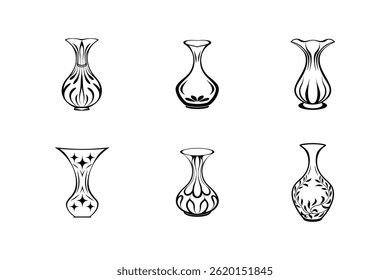 Collection of six elegant flower vase designs in black and white vector