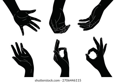 A collection of six elegant hand gestures in a minimalist black and white vector design The hands are artistically posed to represent various forms of communication emotions and expressions 