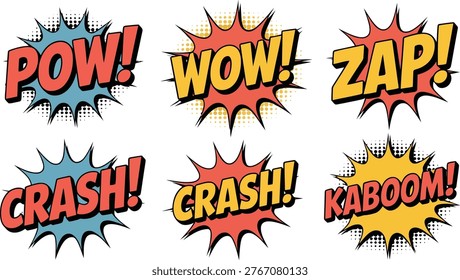 Collection of six energetic comic speech bubbles with popular sound effects like POW, WOW, ZAP, CRASH, and KABOOM.