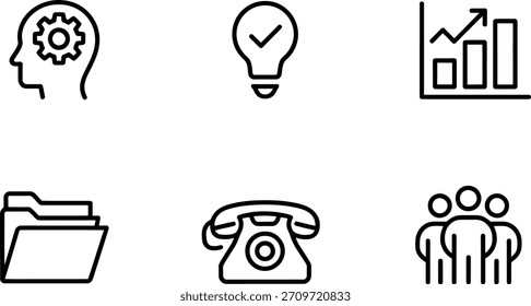 Uma coleção de seis ícones de contorno preto essenciais que representam conceitos de negócios como pensamento, geração de ideias, crescimento, armazenamento de dados, comunicação e trabalho em equipe, perfeito para Web ou interface de aplicativos